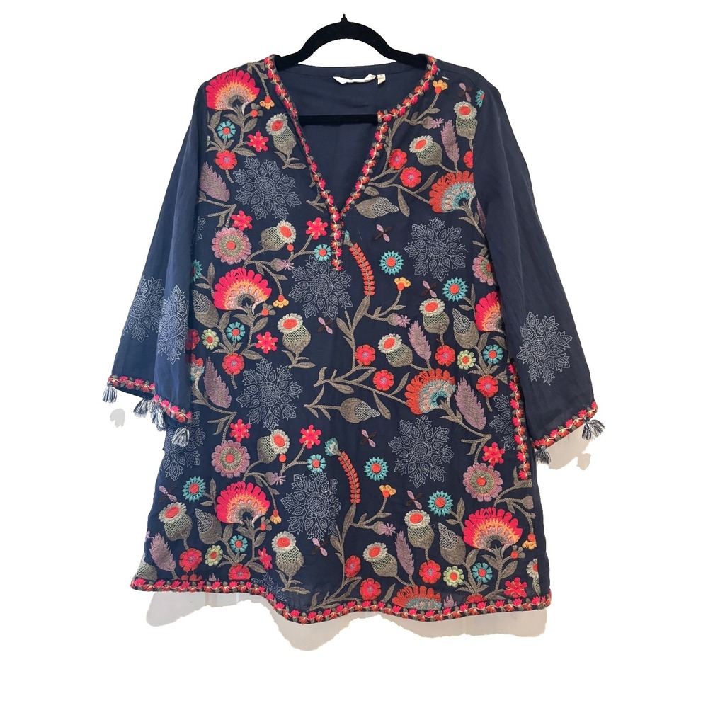 Soft Surroundings sz M blue boho blue all embroidered 3/4 sleeve cotton blouse E